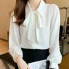 2025 Spring Korean Style White Chiffon Blouse with Bowknot - Women's Long Sleeve Professional Top