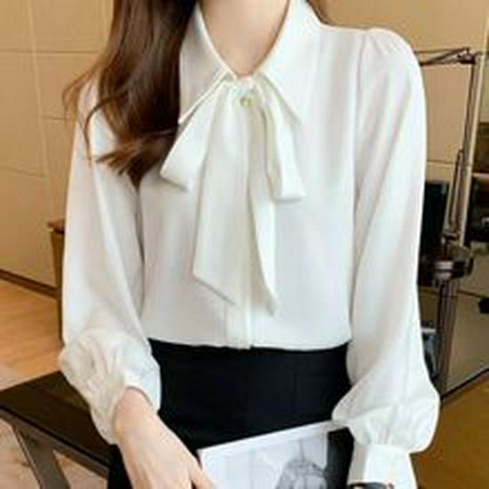 2025 Spring Korean Style White Chiffon Blouse with Bowknot - Women's Long Sleeve Professional Top