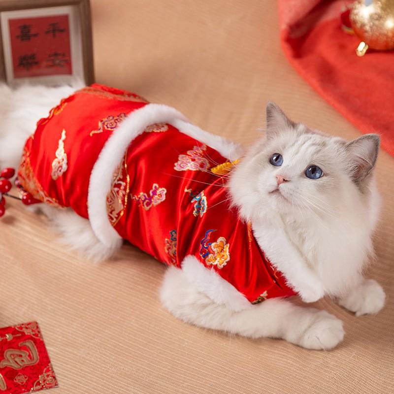 Pet Cat Winter Warm Chinese Style Tang Suit With Gold Dragon Four-Leg Design Adult Kitten