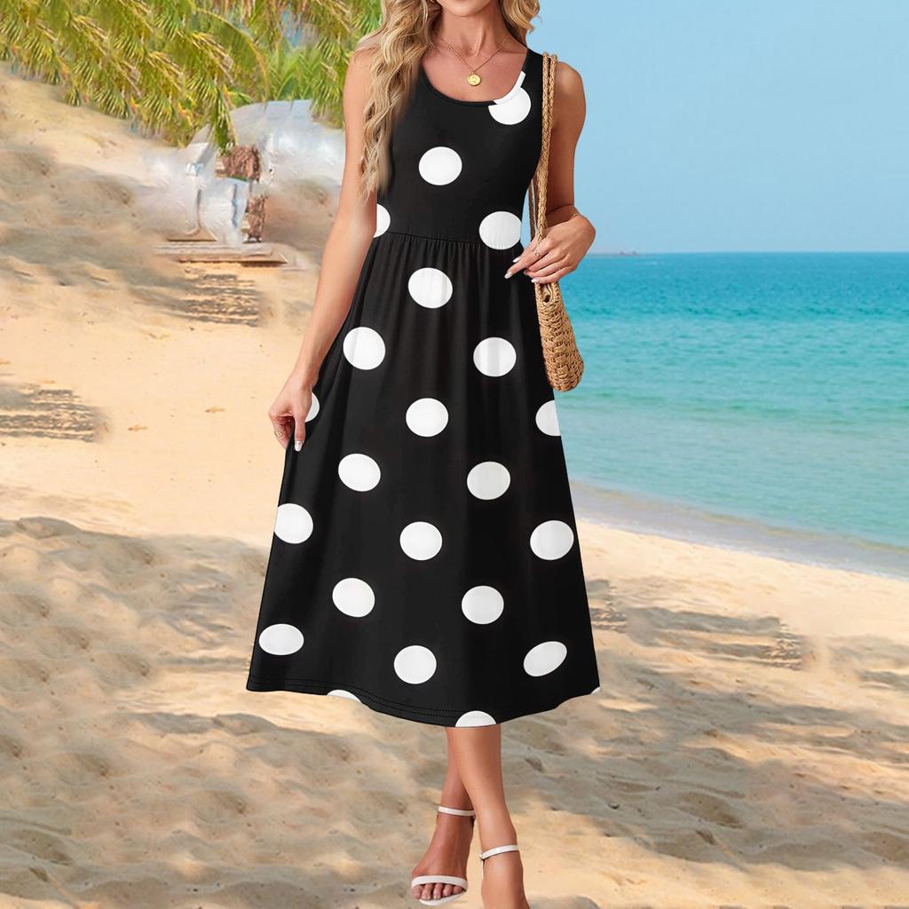 Women's Polka Dot Print Short Sleeve Midi Dress with Pockets for Beach Vacation and Casual Summer Wear