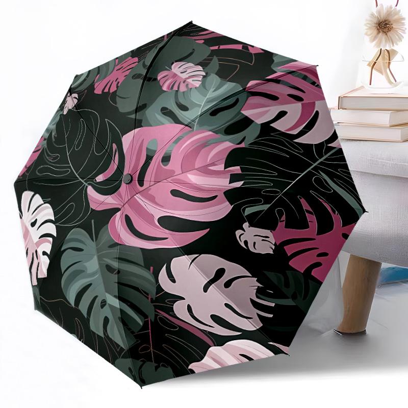 Tropical Leaf Pattern Compact Travel Automatic Umbrella Compact & Durable 8-Rib Design Foldable Design for Outdoor Daily Use Elegant Umbrella
