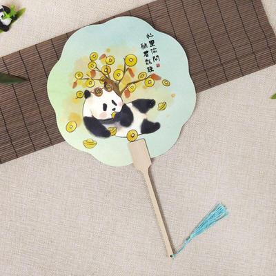 Ventilateur Rond Style Chinois Panda Bambou Peint à la Main - Lot de 5