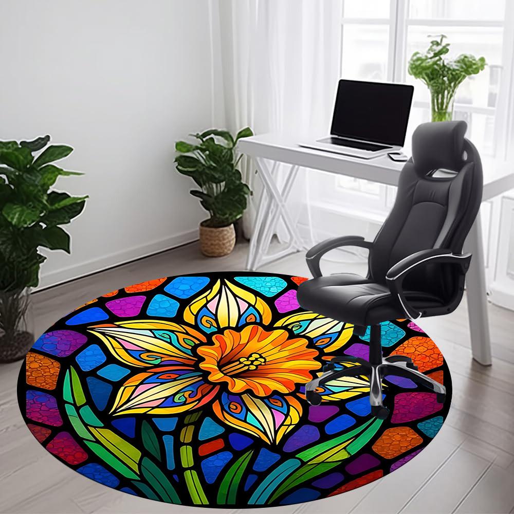 1pc Stained Glass Flower Office Round Area Rug, Indoor Mat Suitable ForOffice, Under Office Chairs Bedroom Living Room Home Decor, Room Deco  D054