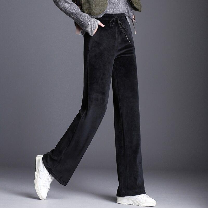 2021 Nové dámské oblečení Černá Vintage Solid Velvet Kalhoty s vysokým pasem dámské Retro volné sametové široké kalhoty