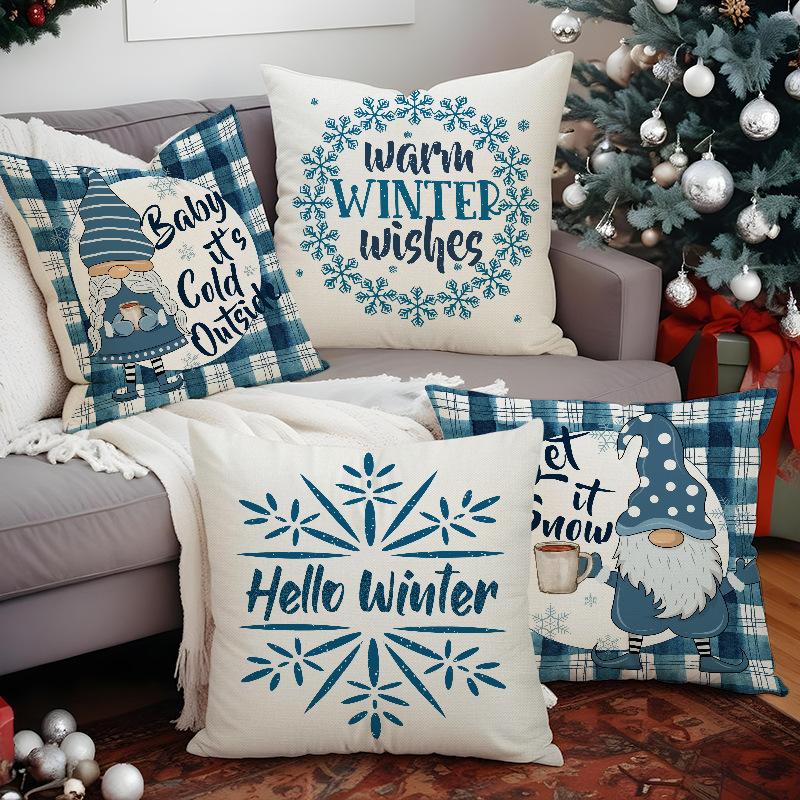 New Blue Plaid Christmas Pillowcase Linen Print Pillowcase Festive Room Sofa Decoration Cushion Cover