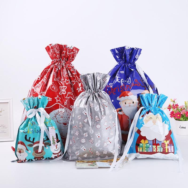 New Christmas Gift Packaging Bag Santa Claus Snowman Printed Drawstring Gift Bag Aluminum Foil Christmas Decoration Products