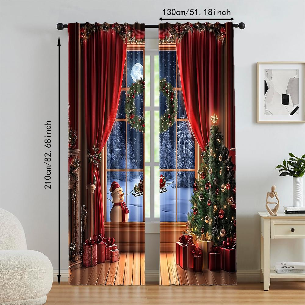 2Pcs Christmas Tree Design Window Curtains Polyester Material Drapes For Bedroom Living Room Office Rod Pocket Machine Washable