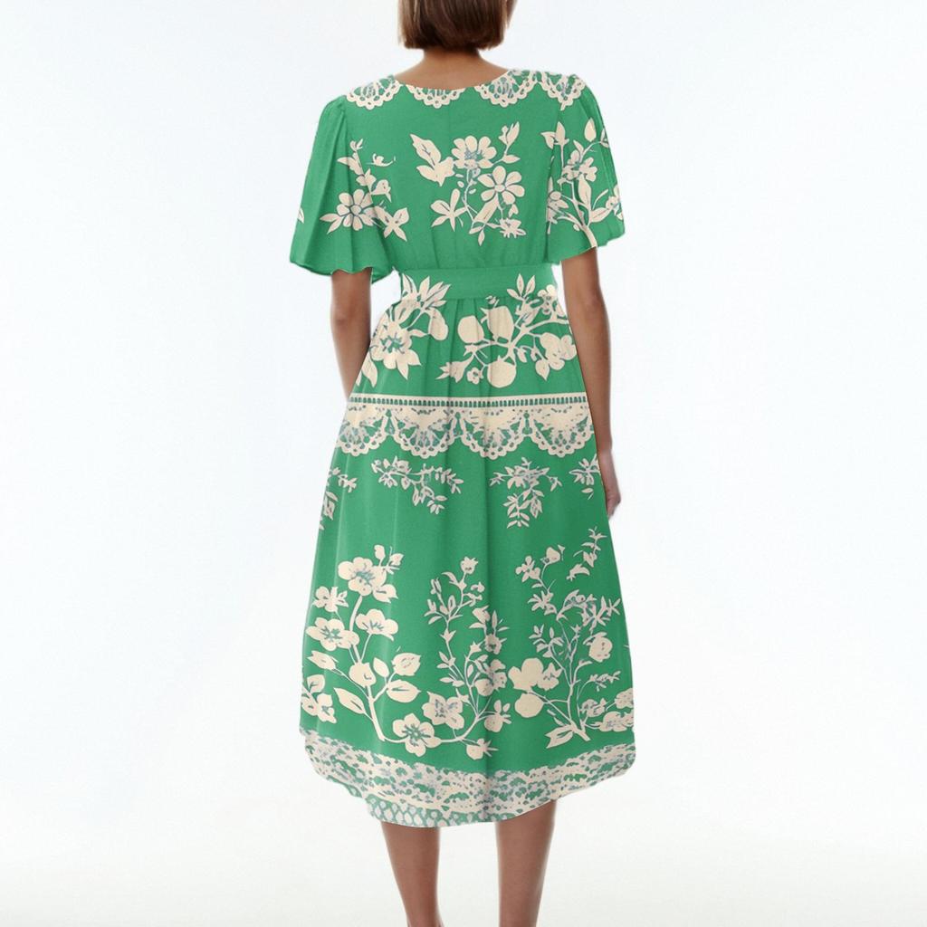 Women's Loose Casual  V-Neck Flared Skirt Short Sleeved Printed Dress Printed Dress