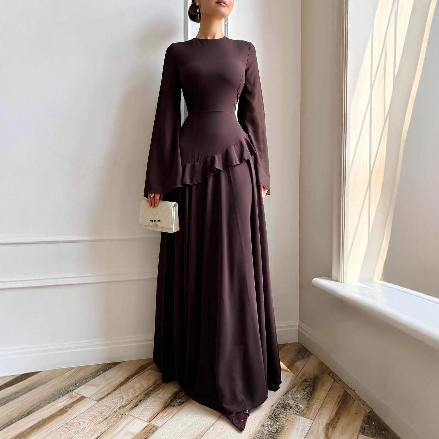 2025 Autumn Women s European & American Retro Zipper Waist A-line Dress XXL кофейный