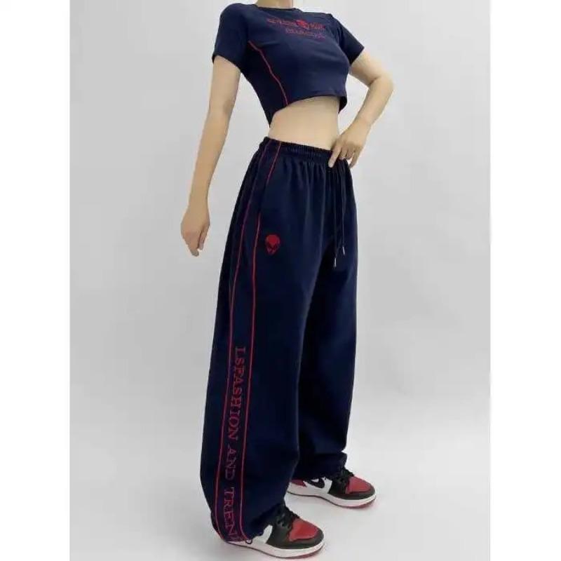 American Street Trend Black Printed Drawstring Sports Casual Pants Women Autumn Pocket Elastic Waist Straight Wide Leg Trousers