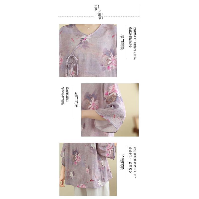Women's Retro Chinese Style Lotus Print V Neck Blouse Casual Loose Fit Half Sleeve Side Tie Knot Linen Blend Top