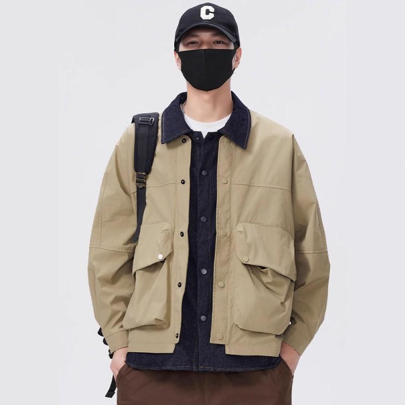 Mens Patchwork Work Jacket Loose Trendy Casual Outerwear