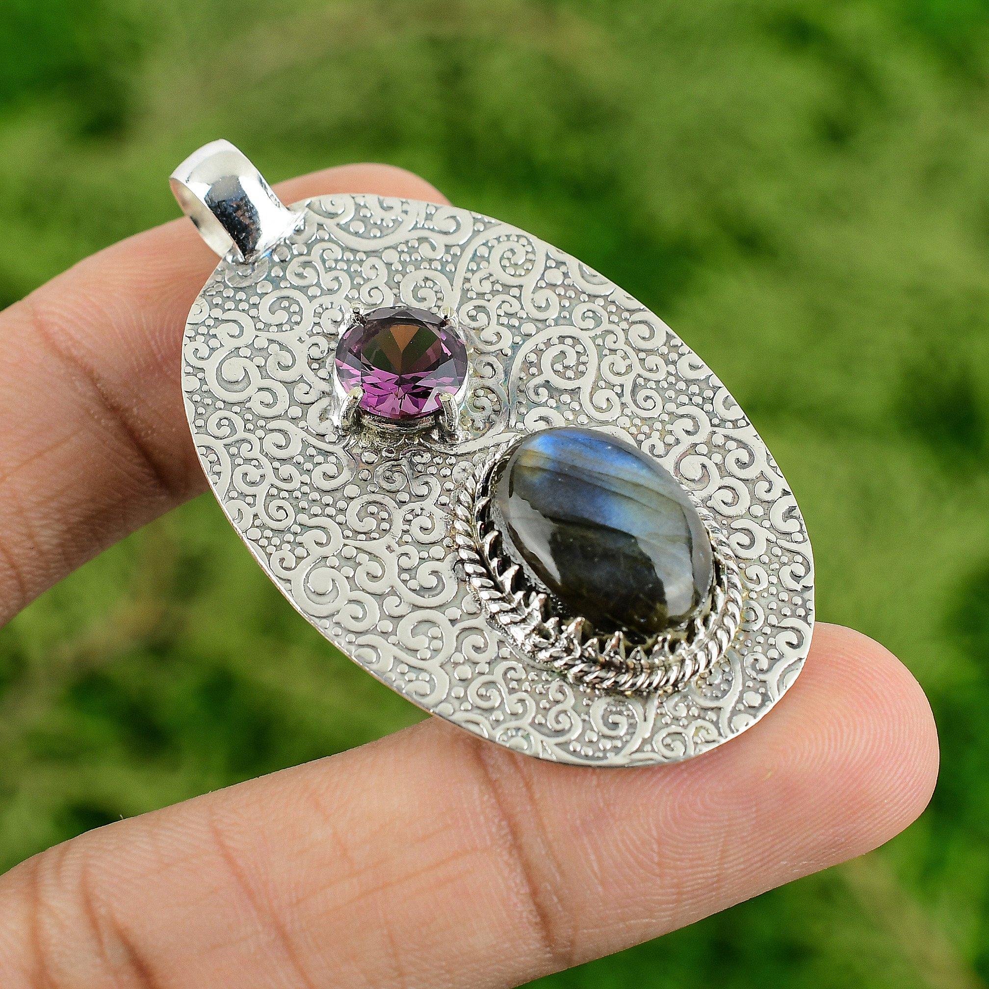 

925 Sterling Silver Oval Labradorite Gemstone African Amethyst Unique Pendant