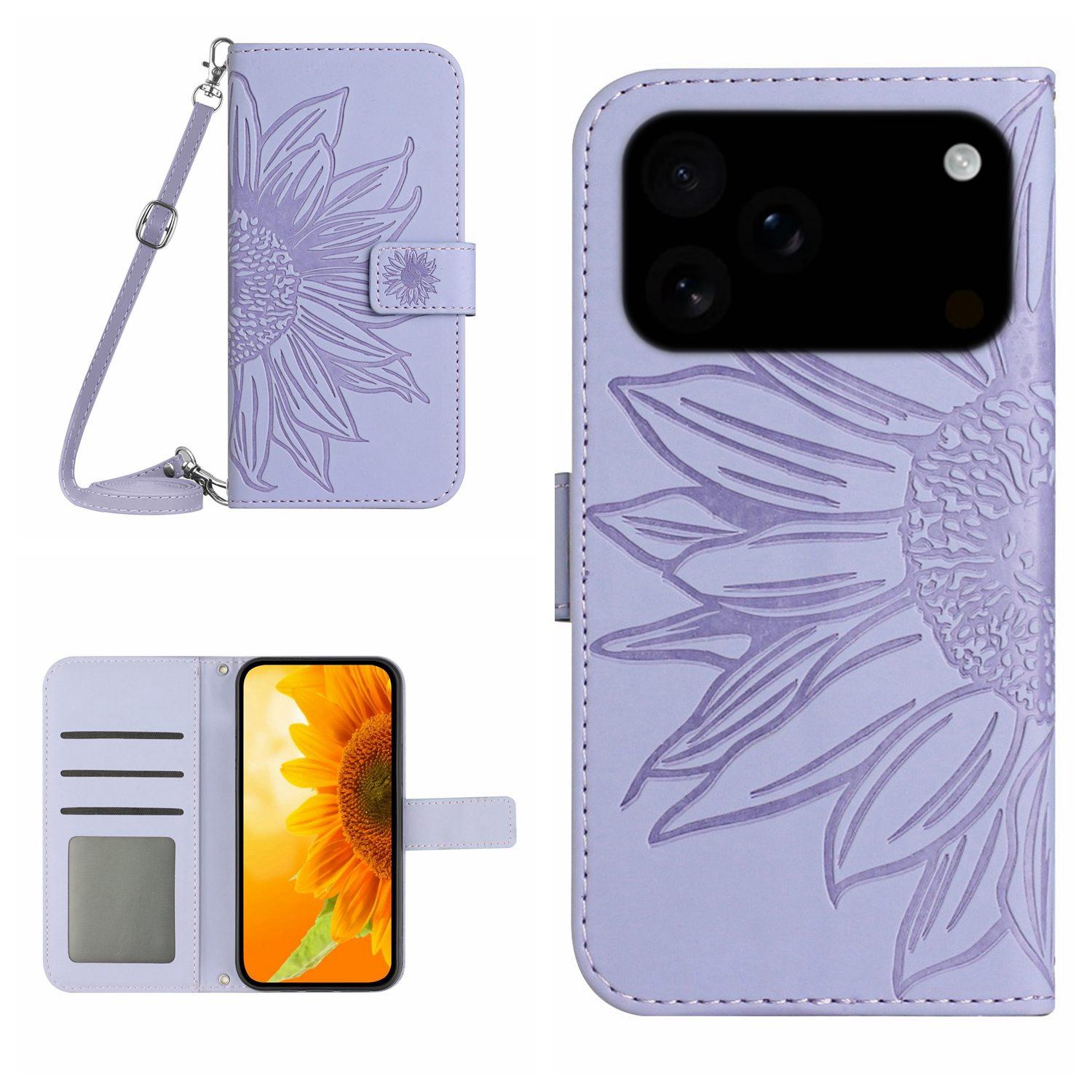 

For iPhone 17 Pro Case Sunflower Imprint PU Leather Phone Cover with Long Strap Light Purple