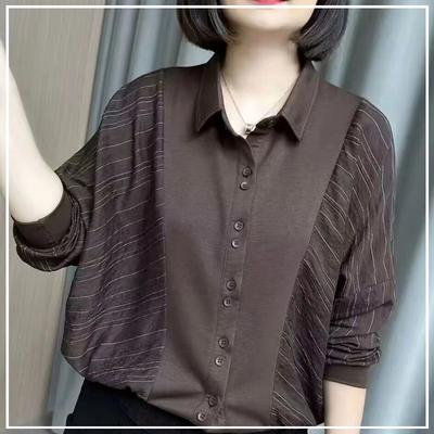 Spring Summer Senior Stripe Splicing Loose Fitting Outfit Coat Simplicity Soft Button Generous Women's Clothing Shirts