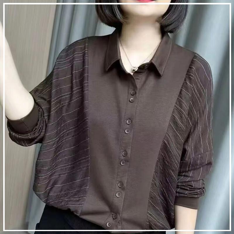 

Весенне-летняя одежда для пожилых, в полоску, с контрастными вставками, свободного кроя, пальто, простота, мягкие пуговицы, щедрая женская одежда, рубашки XXXL коричневый