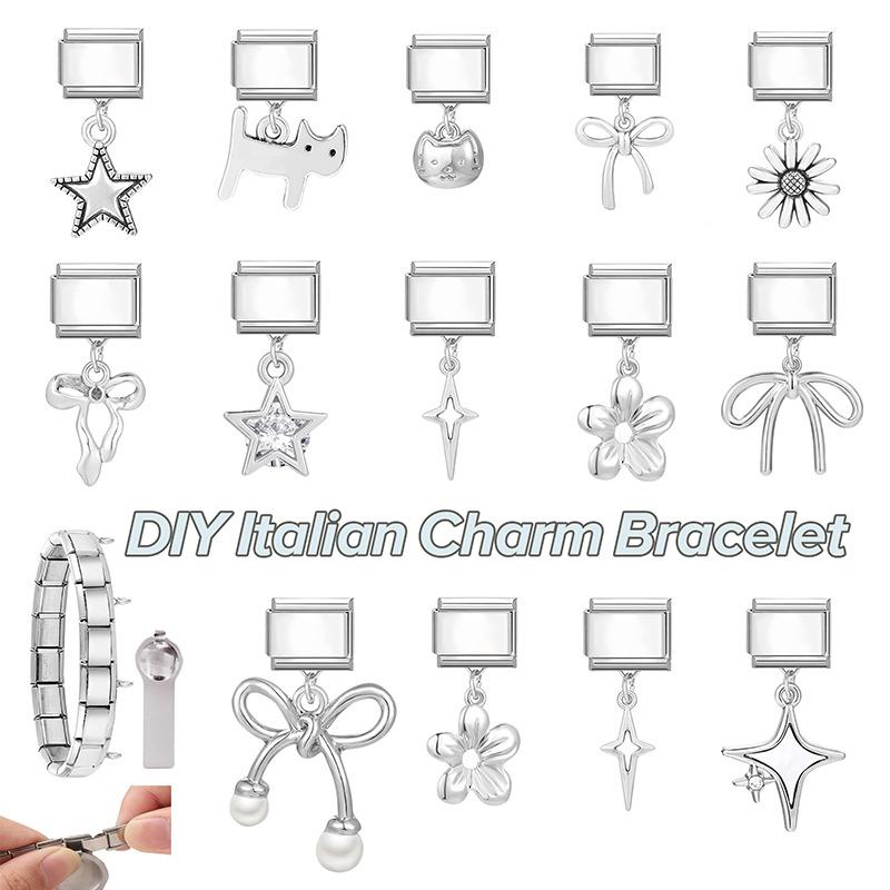 Glitter Bow Cat Butterfly Crab Star Flower Pendant Italian Charm Links Fit 9mm Stainless Steel Bracelet Women DIY Making Jewelry