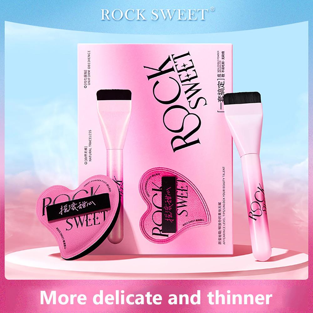 ROCK SWEET Flat Foundation Brush & Sponge Puff Set Soft Reusable Foundation Brush Powder Puff Set for Liquid Cream Powder