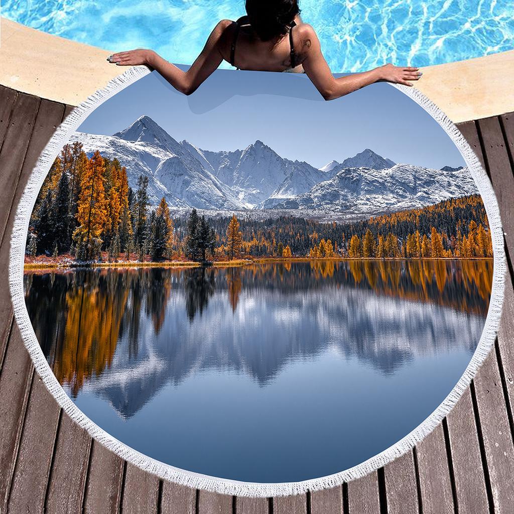 Natural Scenery Round Beach Towel Abstract Mountain Landscape Beach Blanket Sand Free Quick Dry Circle Bath Towel Soft Yoga Mat