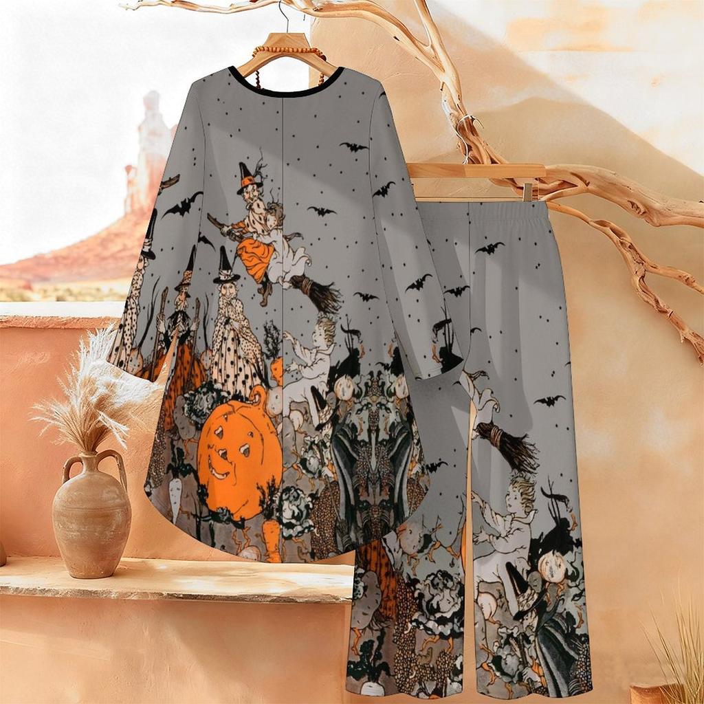 Halloween Print Two Piece Outfit Women Long Sleeve Irregular Hem Tunic Top Wide Leg Pants Casual Matching Set