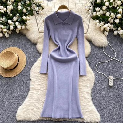 Vintage Style Vestidos Femme  Winter Sexy Hollowed Out Design Lapel Long Sleeve Waist Slim Fit Knitted Dress