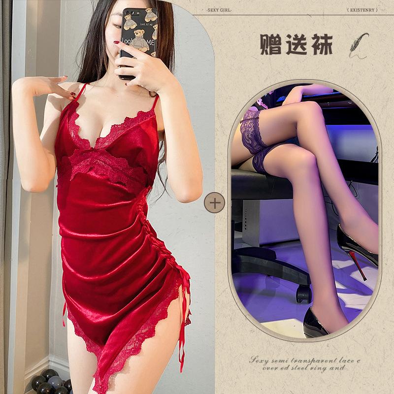 Night listening incense new sexy underwear velvet cross lace-up nightdress backless slit temptation pajamas passion loungewear