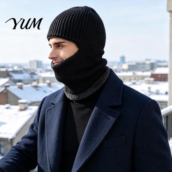 Men Knit Hat Hooded Scarf Hat, Warm Balaclava Hood for Winter Cold Solid Color Weather, Windproof Neck Warmer Skull Cap Outdoor Cycling Weather