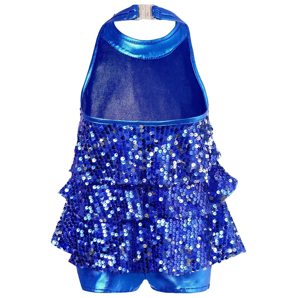 Unitard da ragazza con paillettes e collo all'americana, costume da ballo lucido per esibizioni jazz, latine e moderne