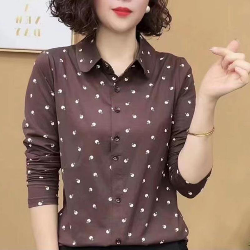 Spring and Summer Women s Polo Collar Shirt Polka Dot Shirt Large Size Long Sleeved Women s Lapel Shirt M
