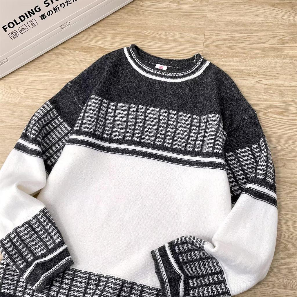Winter Long Sleeve Color Block Loose Knit Sweater - Warm Round Neck Hollow Harajuku Top