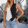 Women Button Waistcoat Sleeveless Black White Colorblock Suit Vest Crossover V-neck Casual Short Top for Daily Wear Dating Street