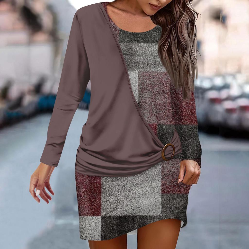 Women's Dress Sweatshirt Dress Print Fashion Loose CrewNeck Fake Two-Piece Stacked Patchwork Streetwear Outdoor Daily Long Sleeve Dress