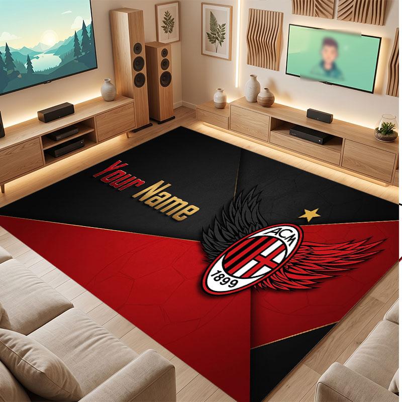 AC Milan Custom Crystal Velvet Rug, Personalized Name Text Print, Football Logo Soft Non‑Slip Floor Mat Home Decor Gift