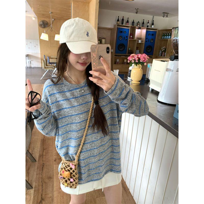 Lazy round Neck Pullover Long Sleeves T-shirt Elegant Bottoming Shirt Women's Autumn Loose Easiest for Match Casual Contrast Color Stripes Tops