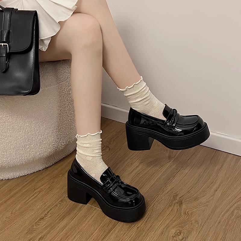 Black small leather shoes women's 2025 new summer British style thick heel high heel retro platform loafer single shoes jk shoes
