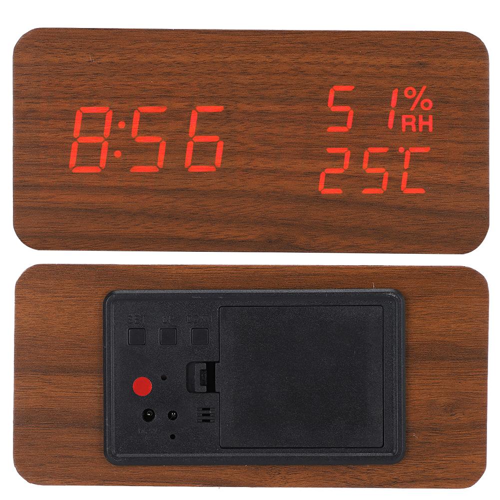 Wooden Alarm Clock LED Voice Control Desk Rectangular Brown Wood Red Light Digital Clock