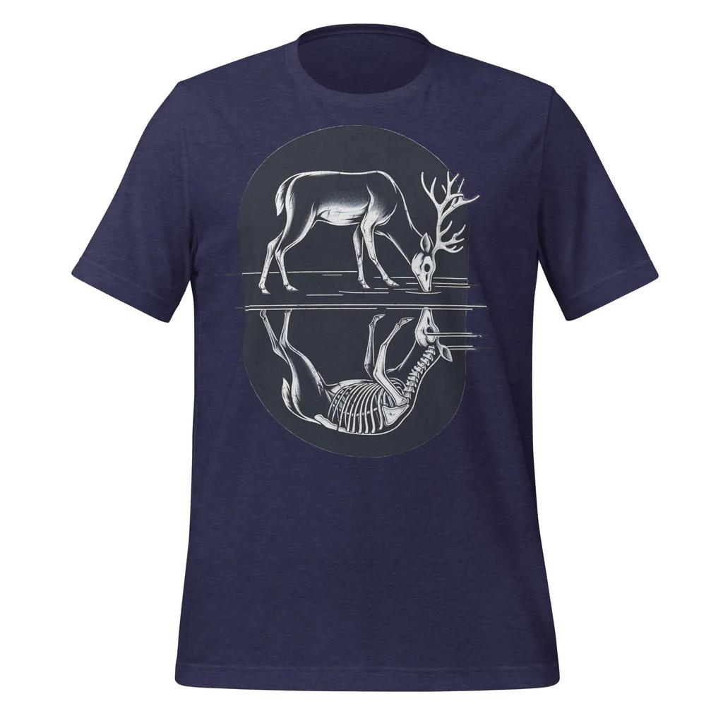 HEISSER VERKAUF Leben und Tod Hirsch Spiegelung T-Shirt Surrealer Hirsch und Skelett T-Shirt Bild T-Shirt Grafik Mode Lässig Weiche T-Shirts