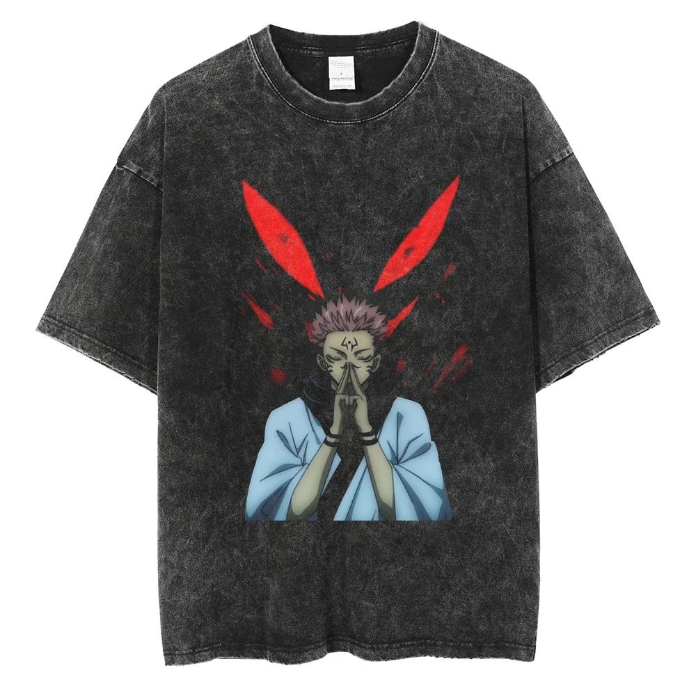 Japanese Anime Jujutsu Kaisen Men Women Oversized Washed T Shirt Streetwear Print Tshirt Casual Cotton Tee Loose Retro T-Shirt
