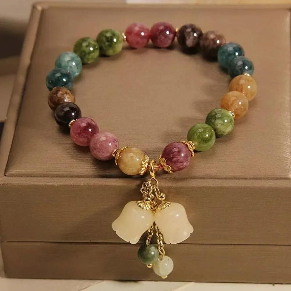 Orchid Motif Multicolor Beaded Bracelet for Women Featuring Floral Charms, Golden Metal Spacer Beads, and Vintage Style WHITE