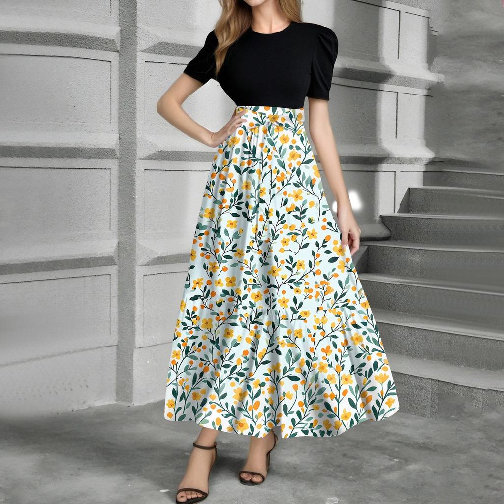 Women's Fashion Casual Belt Short Sleeve Round Neck Print Stitching Elegant Temperament Dress