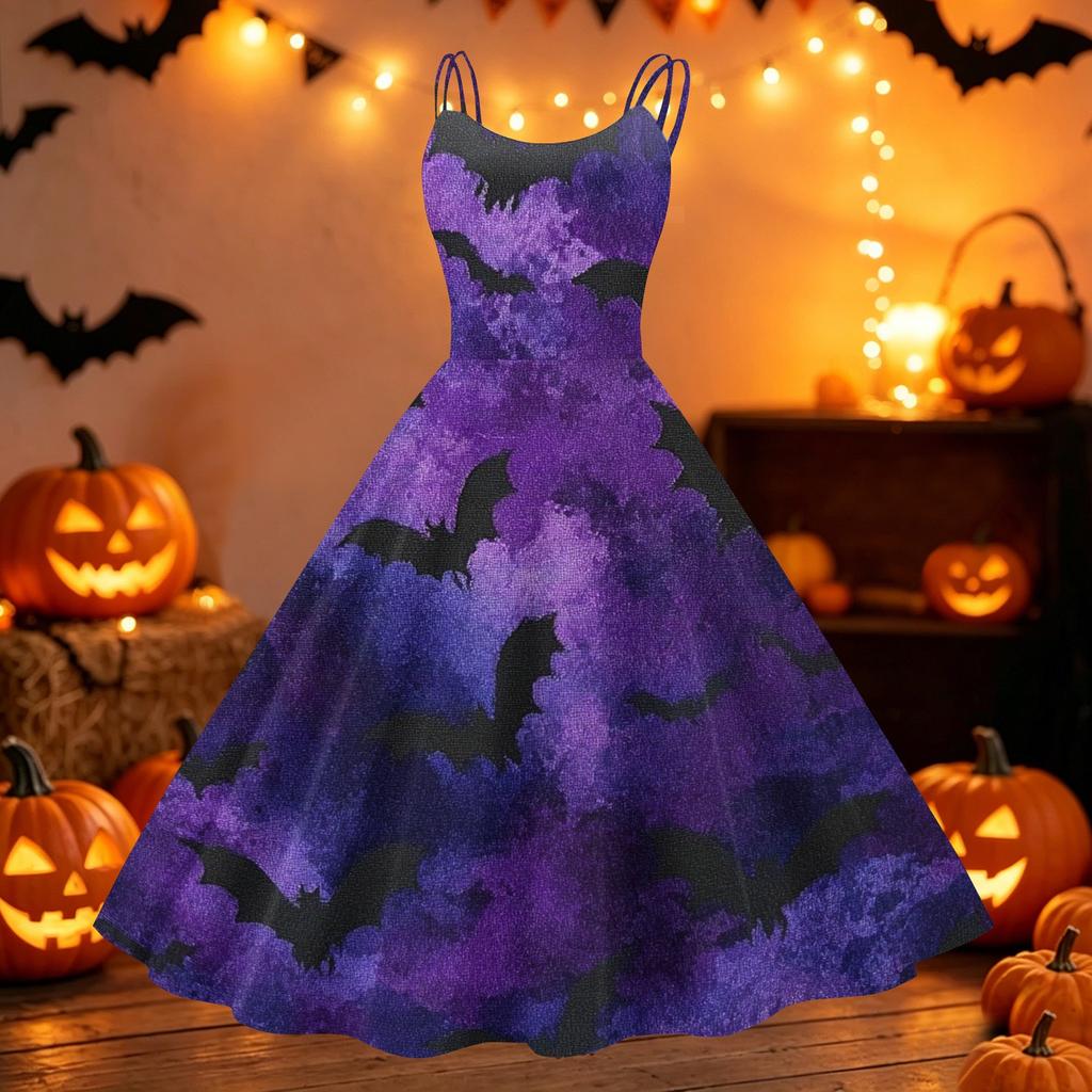 Women Halloween Printed Off Shoulder Punk Vintage Dress Sleeveless Spaghetti Strap A-Line Midi Dress