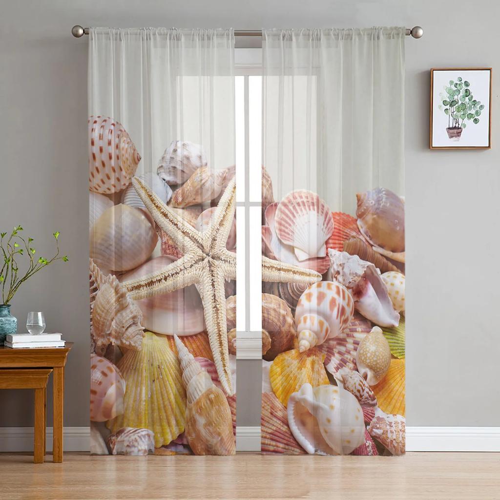 Beach Seashell Starfish Conch Curtain Living Room Bedroom Voile Drape Kitchen Window Tulle Curtains Home Essentials Sheer Polyester Great Decor