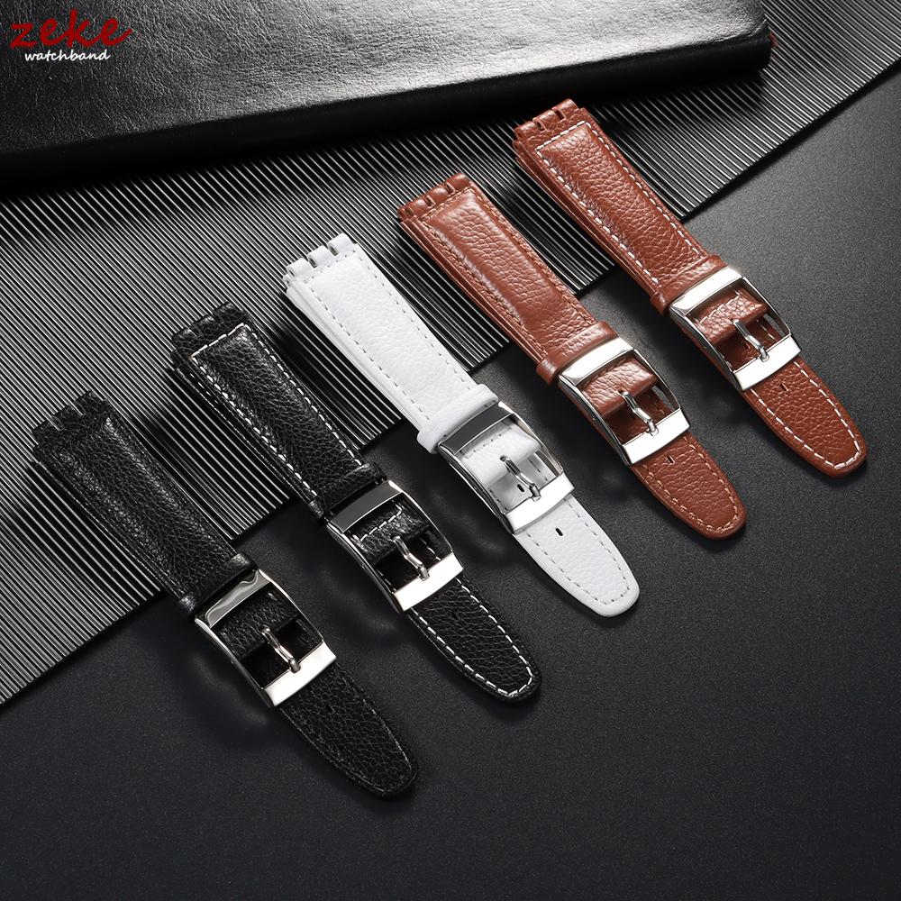 Wristband 17mm for Swatch Watch Strap Genuine Cowhide Leather Bracelet Men Women Business Black Buckle Replacement Watchband