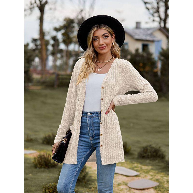 2023 Cross-Border Autumn New Women's Clothing Amazon Women's Brushed Ribbed Solid Color Long-Sleeve Cardigan Jacket