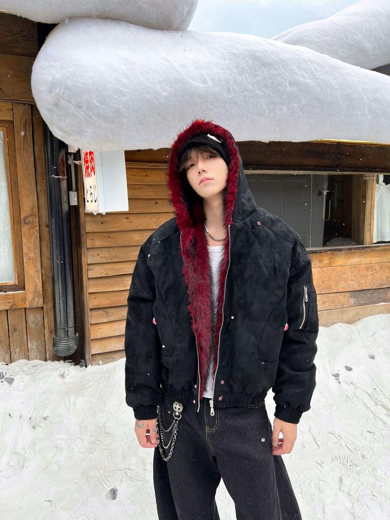 Men's Heavyweight Red Fur Collar Retro PU Leather Cotton Jacket - Plus Velvet Thick Warm Outerwear
