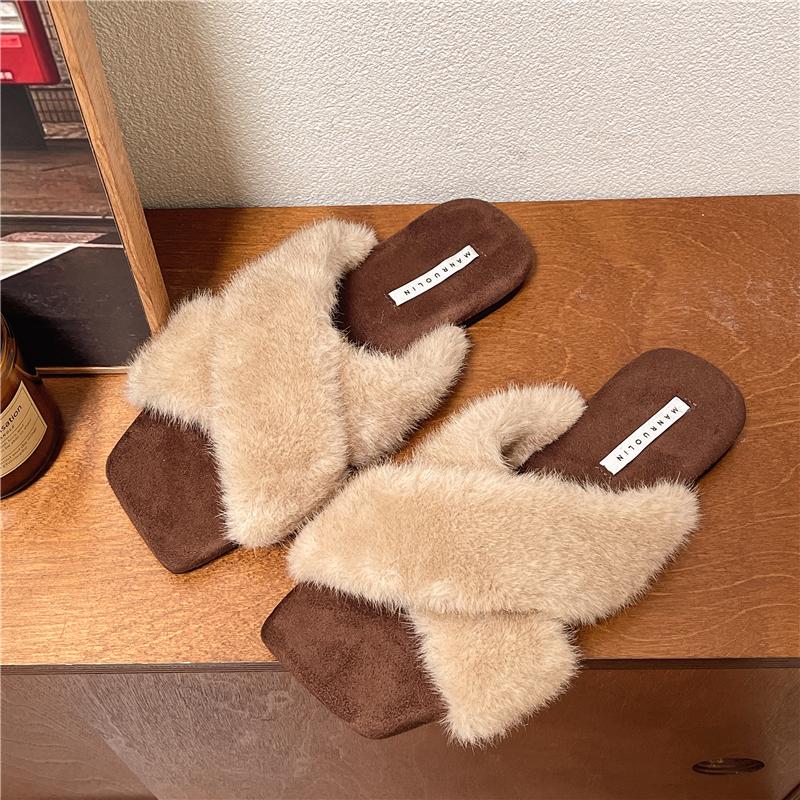 Fashion Aphixta Cross Straps Furry Slipper Sexy Leopard Prints Women Slides Square Toe Shoes Outside Flat Heel Hair Women Shoes Slides