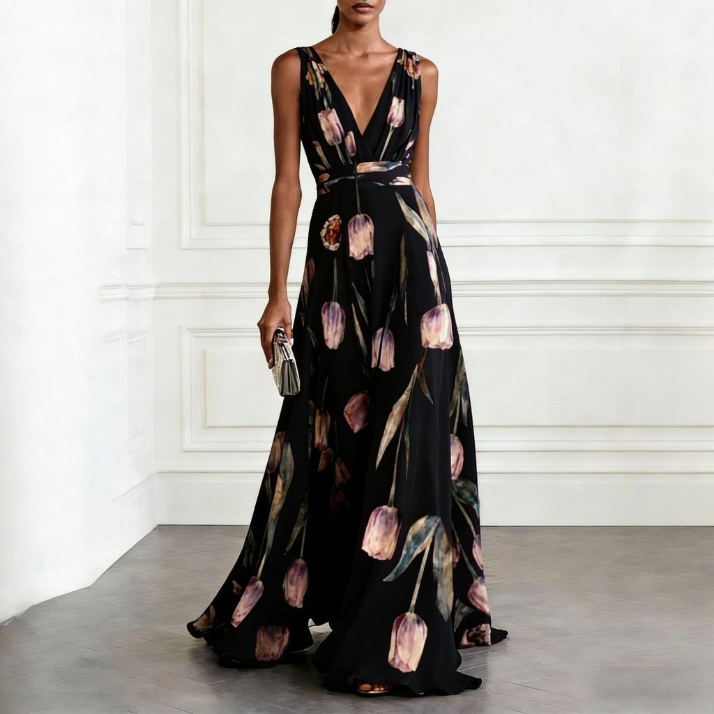 Women's V Neck Sleeveless Floral Maxi Dress Slim Fit High Waist Elegant Party Chiffon Dress