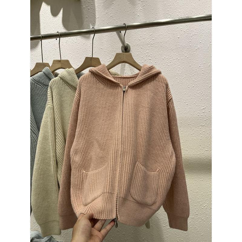 Lazy Wind Hooded Sweater Jacket Women's Autumn and Winter New Loose and Versatile Soft Waxy Long-sleeved Zipper Knitted Cardigan