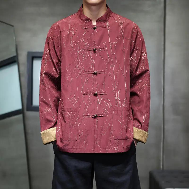 Men Retro Jacket Man Chinese Style Stand Collar Coats Male Copper Button Tang Suit Mens Youth Large Size Hanfu Vintage Outerwear