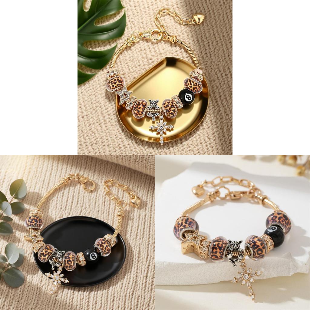 Elegantes Leopardenmuster Kreuz-Anhänger Verstellbares Kupferarmband Für Damen